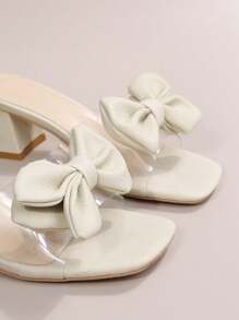 New Arrivals Square Toe Beige Fashionable Faux Leather Bow Knot Block Heel Sandals For Summer And Autumn - Beige - View 8