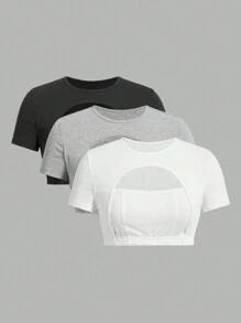 SHEIN EZwear Multiple Pieces Short T-Shirts In Black, White And Gray With Front Placket - Multicolor - View 1