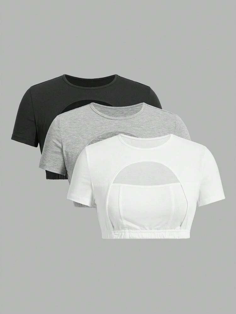 Multiple Pieces Short T-Shirts In Black, White And Gray With Front Placket