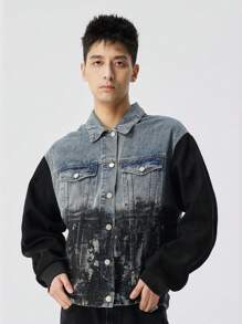 Men's Ink Painting Style Faux Suede Denim Jacket - Blue - View 1