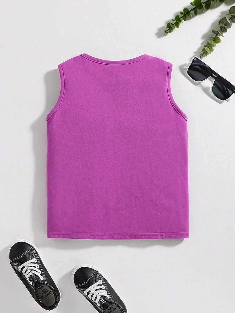 Young Boy Casual & Comfortable Letter Patched Multi-Pocket Tank Top, Summer