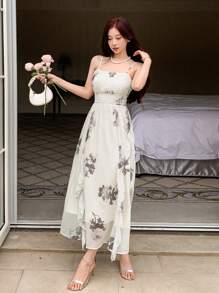 DAZY 女士花卉印花褶皱腰吊带裙，生日、新年除夕夏季优雅太阳裙，休闲女士连衣裙舞会礼服 - 白色 - 查看 5