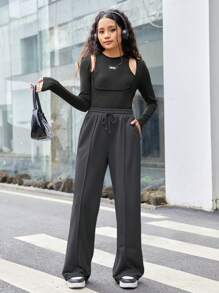 SHEIN Leap Crew 青少年女孩鬆身運動褲,帶斜口袋,純色 - 灰色 - 查看 6