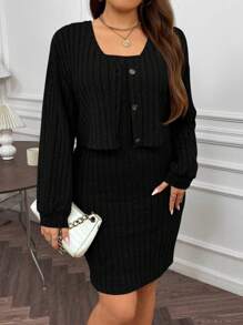Flirla 女性加大碼純色肋紋連裙裝