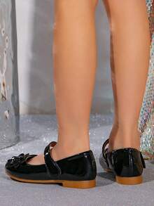 幼兒女童平底鞋,閃耀皮革皮面可愛公主鞋,花裝禮鞋 - 黑色 - 查看 5