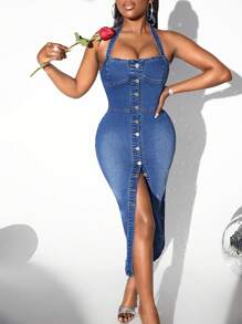 SHEIN SXY 情人節彈性女性丹寧露背連身裙 - 中等水洗藍 - 查看 5