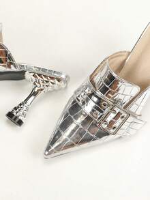 Women's Silver High Heel Mules Pointed Toe Formal Dress Shoes, Comfortable & Fashionable, Perfect For Work, Party & Evening Event, Plus Size - Silver - View 6