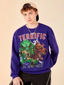 SHEIN Teenage Boys' Casual Animal & Letter Printed Loose Fit Round Neck Sweatshirt