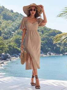 Aveloria Women's Lantern Sleeve Waist-Cinching Dress - Khaki - View 1