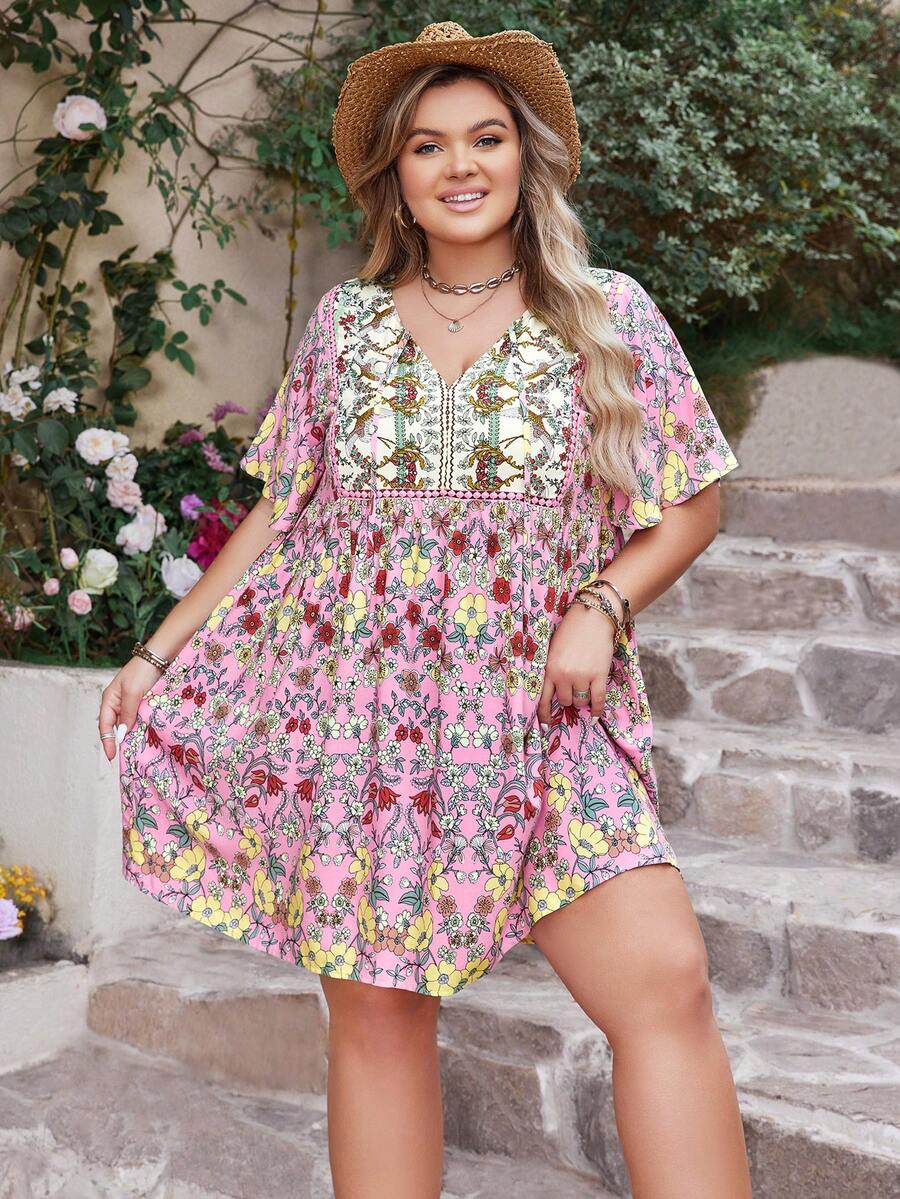 Rusttydustty 女士加大码印花V领宽松休闲连衣裙，波西米亚风，适合复活节、海滩、夏威夷音乐节、热带度假等场合 - 粉色 - 查看 1