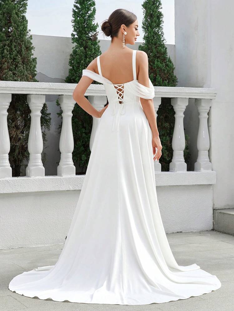 Cup Bodice With Deep Slit, Floor-Length Train And Back Tie Detail Wedding Dress