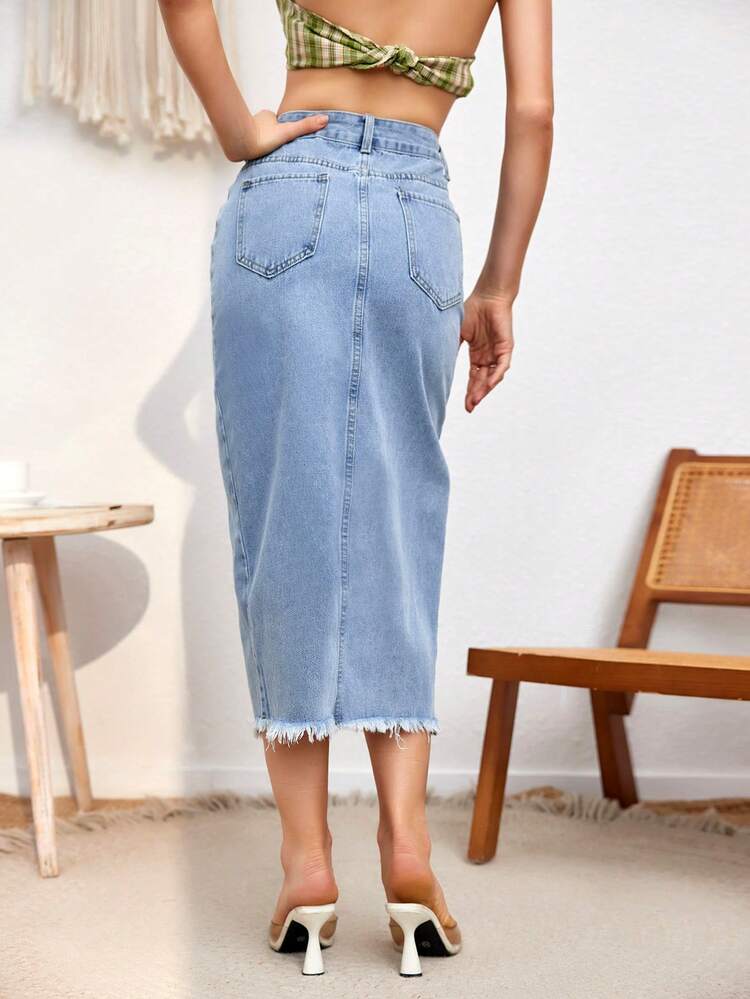 Women'S Frayed Hem Slit Denim Skirt