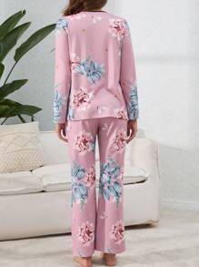 孕婦花卉印花睡衣套裝 - 藕粉色 - 查看 2