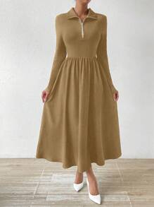 SHEIN Essnce 純色拉鍊半開襟束腰a字裙 - 卡其色 - 查看 5