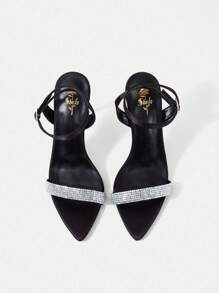 黑色尼龍和銀色水鑽裝飾性感踝帶女用高跟涼鞋 - 黑色 - 查看 3