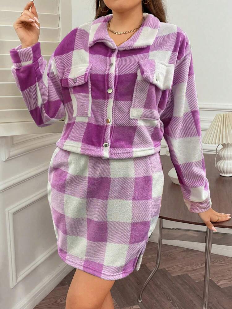 Plus Size Women's Plaid Fleece Jacket And Thermal Skirt Two-Piece Set
