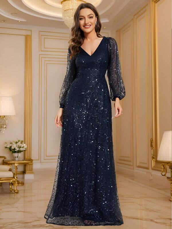 EVERPRETTY فساتين رسمية طويلة الأكمام ذات لون أزرق داكن مرصعة بالترتر مناسبة للحفلات الرسمية والزفاف وحفلات التخرج والعشاء والحفلات الراقية وأم العروس وضيوف الزفاف