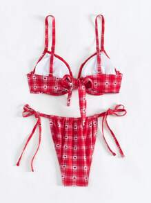 SHEIN Swim 女士可爱心形和格子印花比基尼套装夏季海滩 - 紅色 - 查看 6