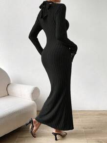 SHEIN Essnce 女款純色交叉掛脖修身美人魚連身裙 - 黑色 - 查看 2