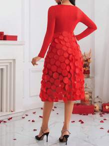 SHEIN Clasi 刺绣网眼撞色缺口领口连衣裙 - 紅色 - 查看 2