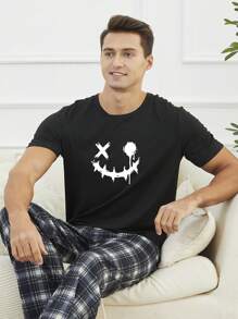 男士短袖家居穿著上衣,印有微笑臉表情圖案 - 黑色 - 查看 3