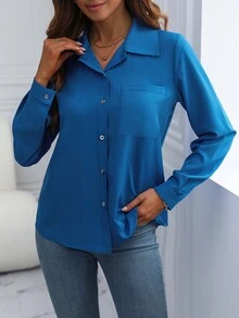 SHEIN Clasi 女士純色長袖襯衫 - 藍色 - 查看 5