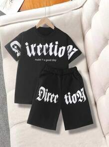 SHEIN Tween Boys' Letter Printed Casual Short Sleeve T-Shirt And Shorts Set - Black - View 1