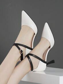 Elegant Pointed Toe Stiletto High Heels With Hollow Out And Strap Buckle, Black-White Patchwork For Women - Multicolor - View 3
