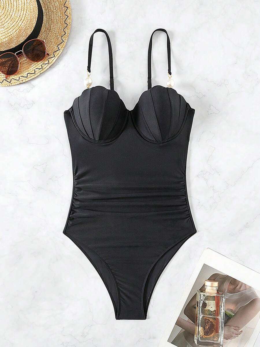 SHEIN Swim 女士连体泳衣,带珍珠装饰和荷叶边细节,狂欢节夏季 - 黑色 - 查看 1