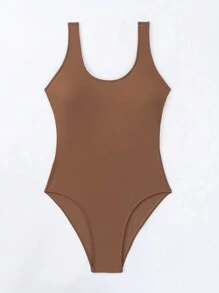 SHEIN Swim 女士實色單件泳衣,搭配大開背設計 - 棕色 - 查看 4