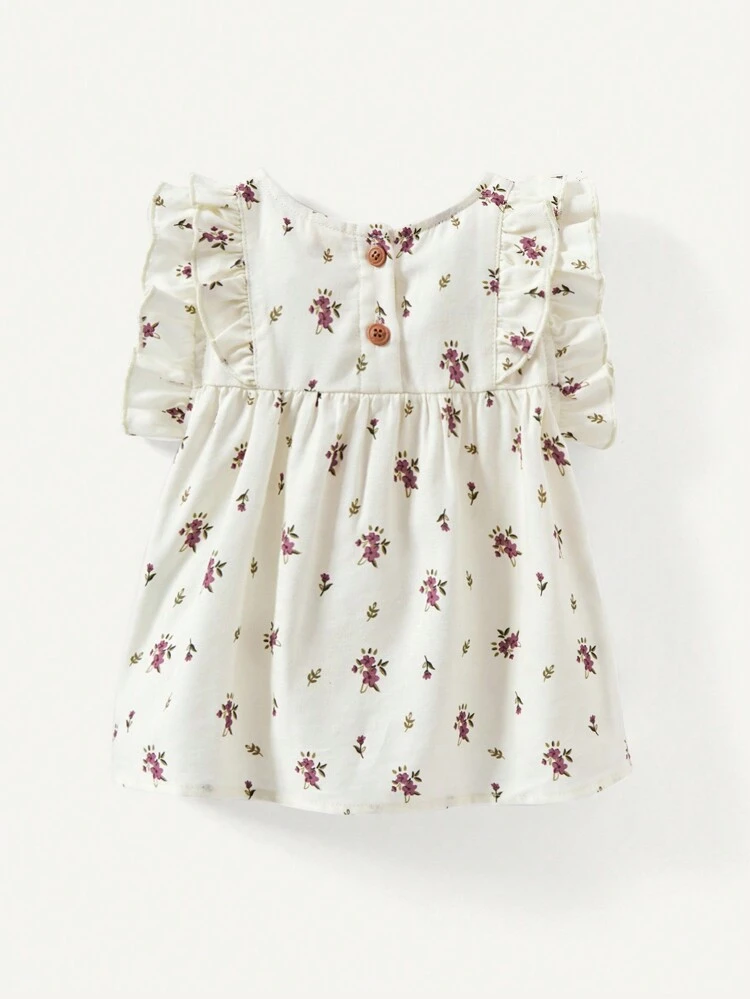Baby Girls' Ditsy Floral Print Round Neck Top With Ruffle Trim