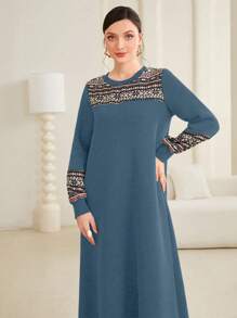 Lacomfia 女士幾何印花拼接毛絨長毛衣 - 藍色 - 查看 4