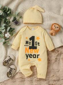 Baby Boys' Jumpsuit With Printed Slogan And Long Sleeve - Apricot - View 1
