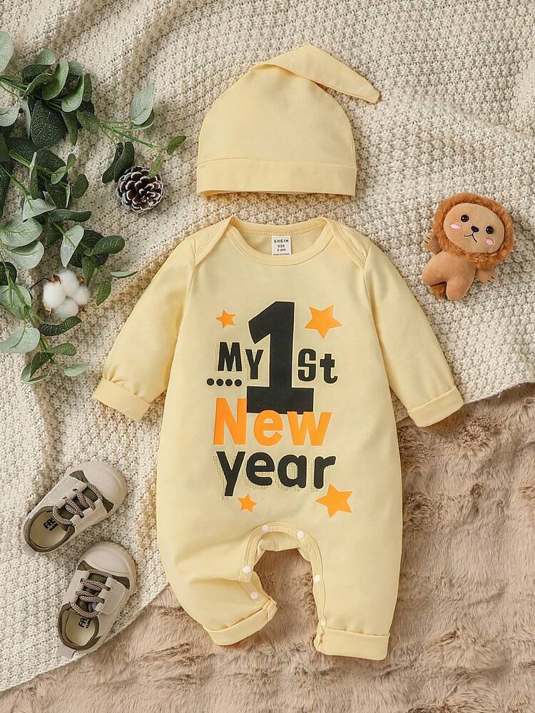 Baby Boys' Jumpsuit With Printed Slogan And Long Sleeve