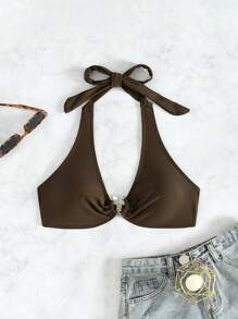 SHEIN Swim 女士純色綁頸比基尼上衣,音樂節必備