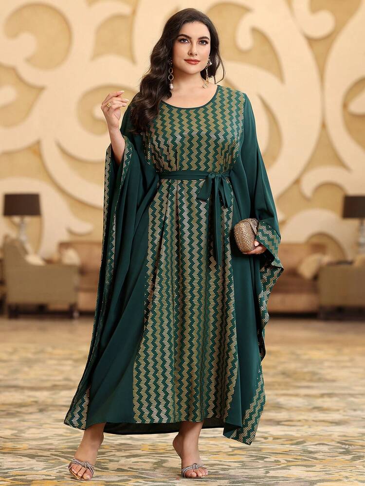 Women's Plus Size Loose Fit Round Neck Batwing Sleeve Kaftan Dress With Gold Foil Print