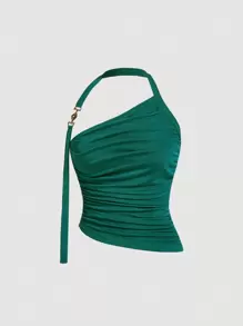 SHEIN MOD Quý cô Kim loại Nút Trang trí Xếp li Áo ba lỗ - Màu xanh lá cây đậm - Xem 1