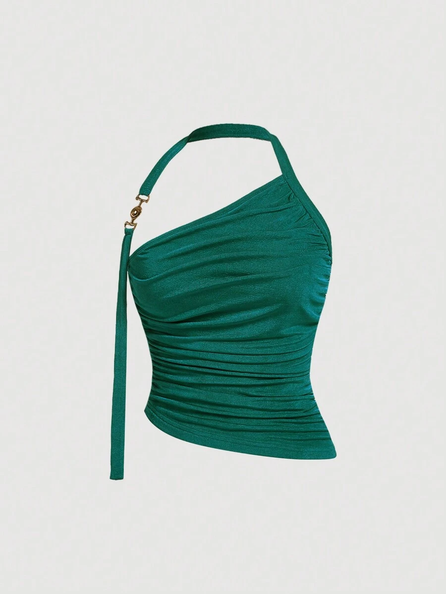 SHEIN MOD Quý cô Kim loại Nút Trang trí Xếp li Áo ba lỗ - Màu xanh lá cây đậm - Xem 1