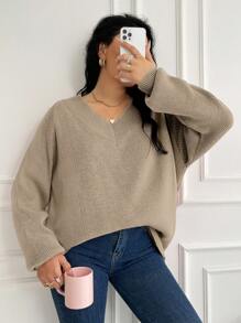 EURMUSE Plus Size Women's V-Neck Loose Sweater - Beige - View 3