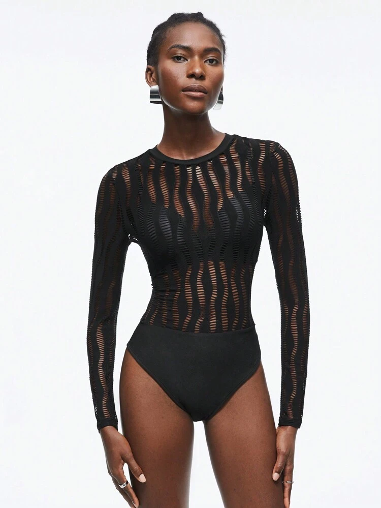 SHEIN Maija 2026 Spring & Summer Ladies' Slim Fit Long Sleeve Hollow Out High Neck Bodysuit, Suitable For Wedding Guest, Host, Date, Party, Concert, Brunch, Airport, Multi-Occasion, Black  St Patrick's Day Women Easter Summer Outfits Easter Dress Women Party Top Beach Dress Summer Holiday Outfits Each Vacation Outfits For Women  Summer Outfit For Women Going Out Outfits Graduation Graduation Outfit  Casual Dresses  Casual Blouses For Women