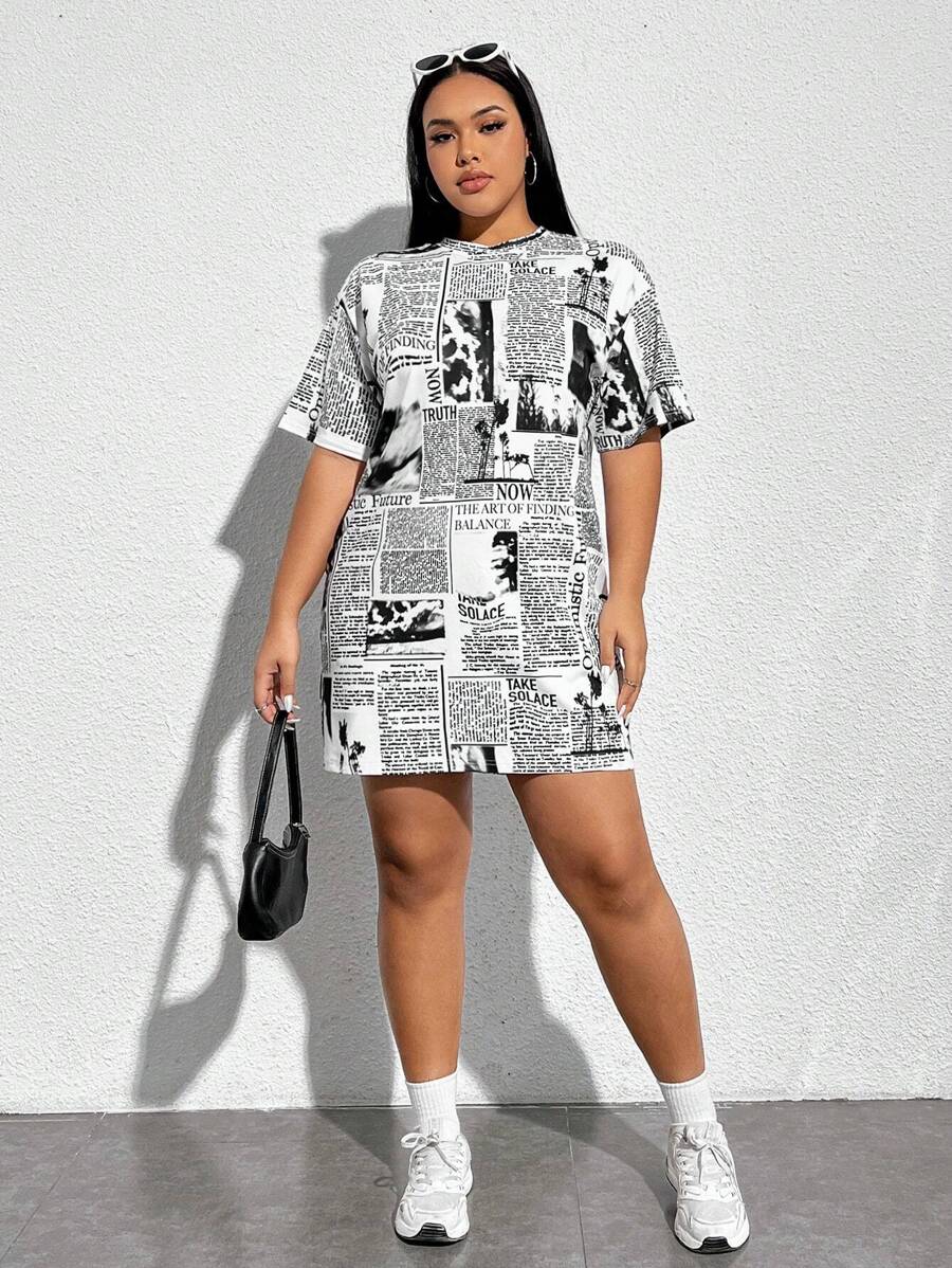 SHEIN EZwear 大码女式报纸印花宽松休闲圆领连衣裙，夏季 - 黑與白 - 查看 1