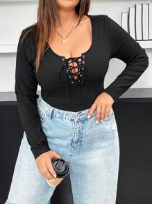 SHEIN Essnce 女款大尺碼純色十字繫帶緊身長袖連身衣 - 黑色 - 查看 1