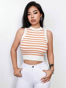 Flirla Women's Striped Sleeveless Crop Knit Top - White - View 1