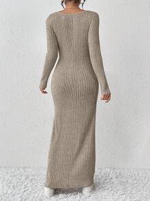 SHEIN Frenchy Women's Solid Color Ribbed Knit Slit Bodycon Dress - Apricot - View 2