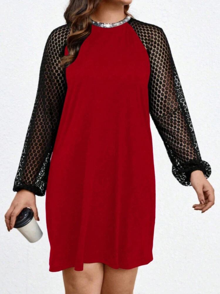 Plus Size Color Block Lace Trimmed Long Sleeve Dress