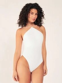 SHEIN BASICS 女款休閒基礎款 Ibiza 性感日常海灘俱樂部夜店夜生活通勤極簡純色掛脖連身衣，夏季素色瑜伽白色 - 白色 - 查看 7