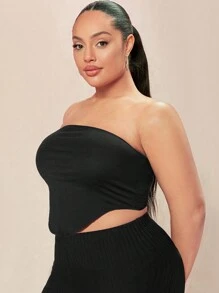 SHEIN BASICS 女性加大碼實色無肩帶上衣,不對稱下擺設計 - 黑色 - 查看 4