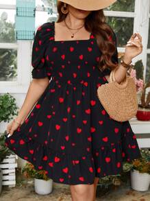 SHEIN Clasi Plus Size Heart Print Square Neckline Dress - Black - View 4