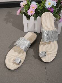Women's 2024 Summer New Korean Flat Heel Slide Sandals With Rhinestone & Open Toe - Silver - View 6