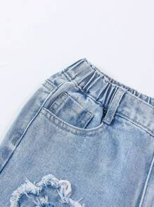 SHEIN Wildeya Tween dziewczynka Modny & Wygodna Szeroka nogawka Dżinsy Z Kwiat Patchwork Haft Dla Ulica Szyk Styl